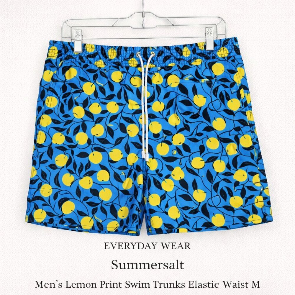 Summersalt Men’s Blue Lemon Print Swim Trunks Elastic Waist Drawstring M